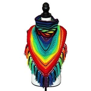 Handcrafted Crochet Cowl Neck Scarf With Fringe Rainbow Colors New Handmade Knit